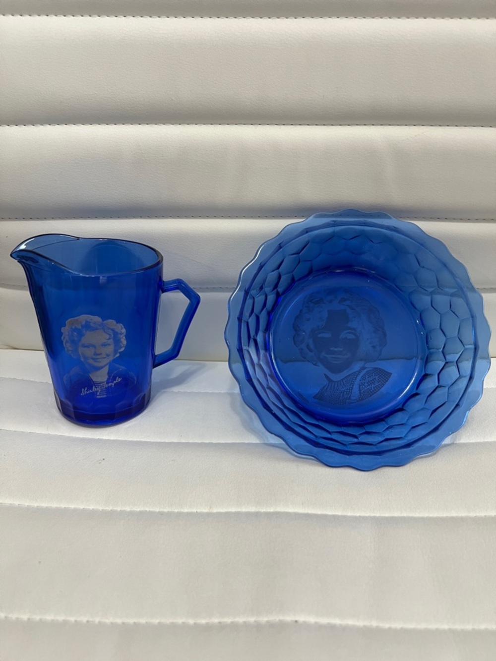 Shirley Temple original vintage Cobalt Blue Glass Pitcher and Set